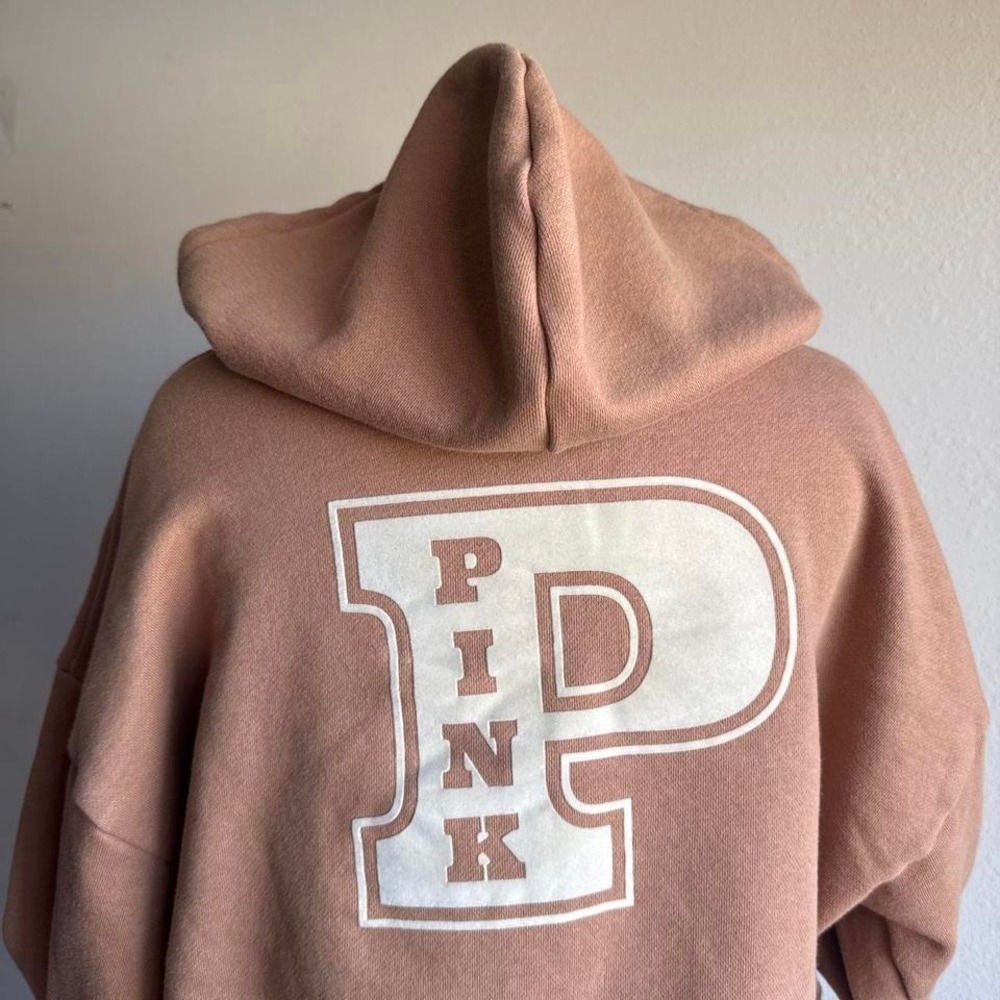 Victoria's Secret PINK tan camel oversized zip up hoodie large varsity P graphic - Picture 2 of 6